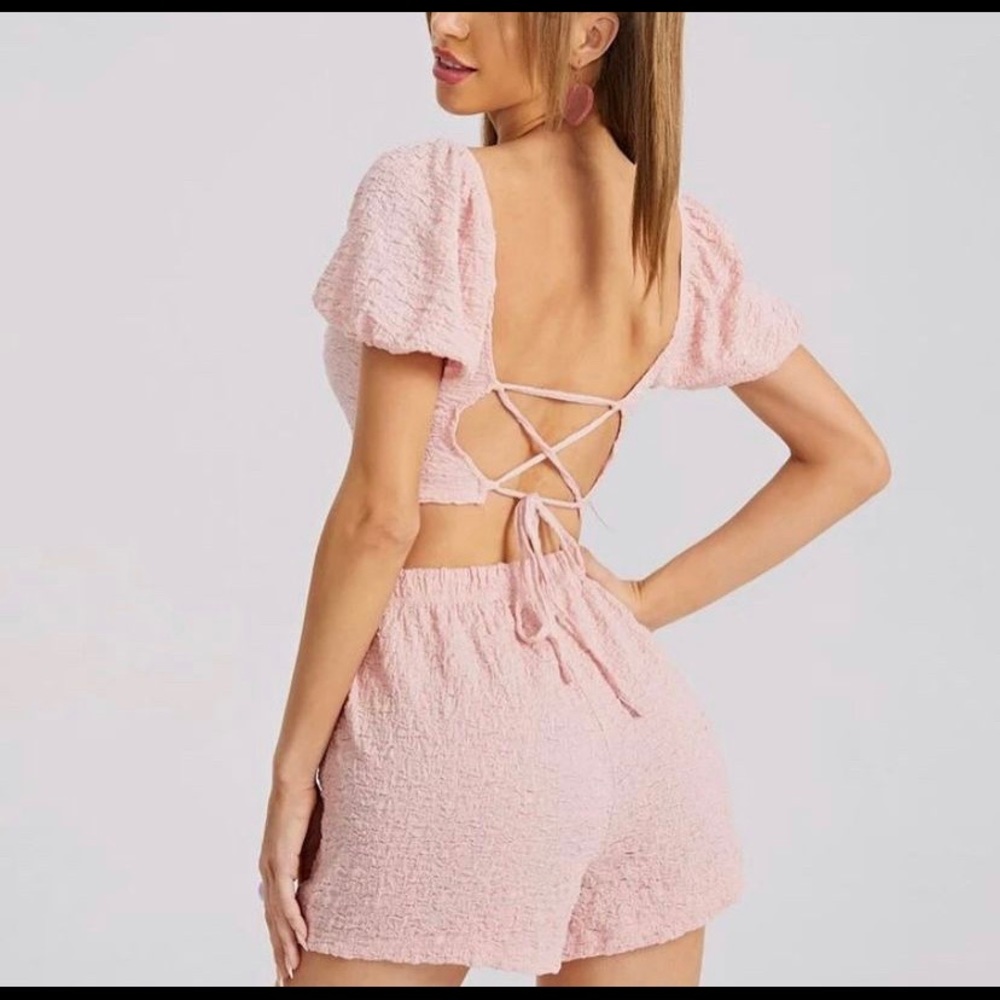 SHEIN Lace Backless Puff Sleeve Top & Shorts Set